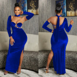 Solid Velvet Single Sleeve Glove Evening Gown Maxi Dress