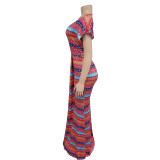 Striped Print Round Neck Short Sleeve African Maxi Dress