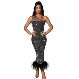 Trendy One Shoulder Rhinestone Mesh Feather Party Midi Dress