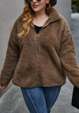 Plus Size Winter Turndown Collar Zip Pocket Long Sleeve Fleece Jacket