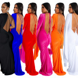 Solid One Shoulder Singele Sleeve Cutout Backless Maxi Dress