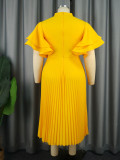 Yellow Cutout Neck Elegant Flutter Sleeve Pleated Midi Dresses
