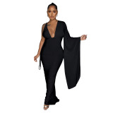Solid One Shoulder Singele Sleeve Cutout Backless Maxi Dress