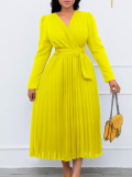 Solid Long Sleeve Belted V Neck Pleated Dress