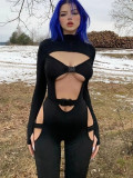 Black Solid Long Sleeve Buckle Sexy Cutout Tight Jumpsuit