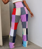 Casual Print Plaid Colorblock High Waist Casual Pants