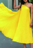 Solid Pleated One Shoulder Sleeveless Long Dress