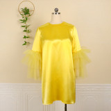 Plus Size O-Neck Yellow Mesh Patchwork Midi Dress