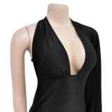 Solid One Shoulder Singele Sleeve Cutout Backless Maxi Dress