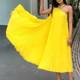 Solid Pleated One Shoulder Sleeveless Long Dress