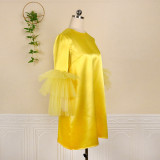 Plus Size O-Neck Yellow Mesh Patchwork Midi Dress