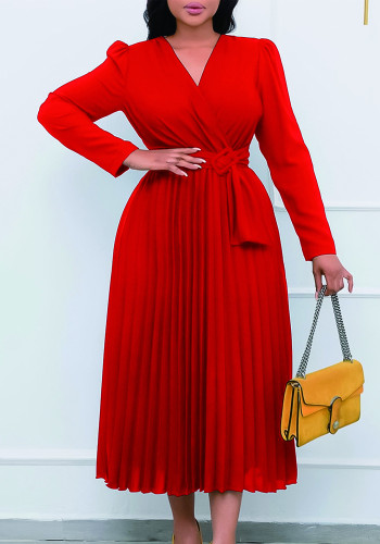 Solid Long Sleeve Belted V Neck Pleated Dress