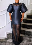 Mock Neck Puff Sleeve Mesh Patchwork Long Black Party Dress