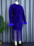 Blue Long Sleeve Sequin Fur Cuff Tassel Party Prom Dress