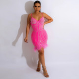 Solid V-Neck Rhinestone Feather Trim Cami Club Dress