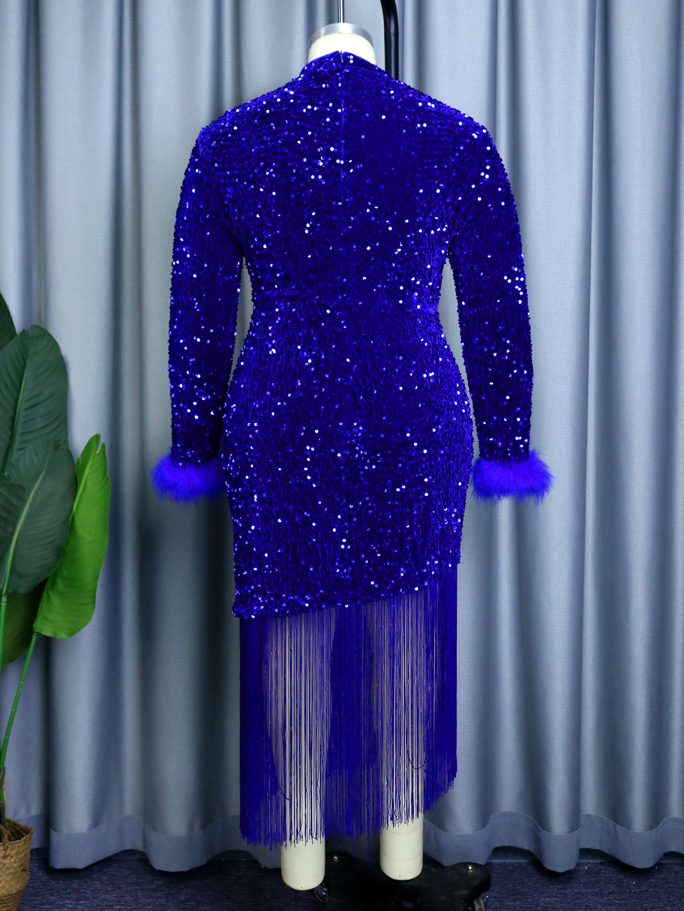 Blue Long Sleeve Sequin Fur Cuff Tassel Party Prom Dress US$ 24.16 -  www.lover-pretty.com