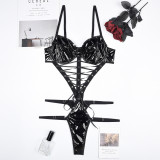 Sexy Black PU Leather Crossover Hollow Lace-Up Teddies Lingerie