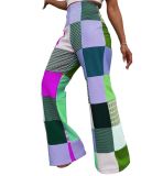 Casual Print Plaid Colorblock High Waist Casual Pants
