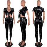 Sexy Patent PU Leather Short Sleeve Crop Top + Pants 2PCS Set