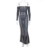 Off Shoulder Long Sleeve Fashion Print Maxi Dress