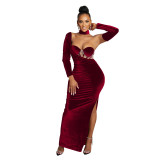 Solid Velvet Single Sleeve Glove Evening Gown Maxi Dress
