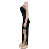 Trendy Solid Mesh Patchwork Cutout Slit Cami Long Dress
