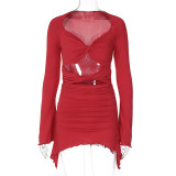 Wholesale Bell Bottom Long Sleeve Hollow Ruched Bodycon Dress