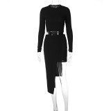 Women Ribbed Long Sleeve Solid Irregular 2PCS Skirt Set