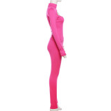 Solid Sexy Cutout Slim Long Sleeve Top High Waist Tight Pants 2PCS Set