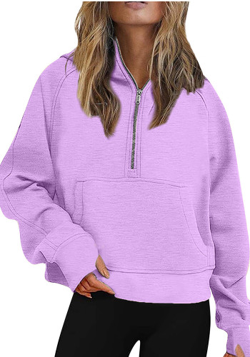 Fall Winter Ladies Sports 1/2 Zipper Front Pocket Loose Fleece Hoodie Sweater