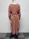 Pink Bat Sleeves Solid Loose Tie Waist V-Neck Casual Dress