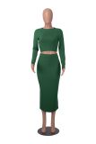 Pure Color Long Sleeve Crop Top and Bodycon Long Skirt 2PCS Set