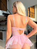 Pink Lace Backless See-Through Mesh Sexy Bow Bodysuit Teddies Lingerie
