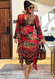 Sexy Printed Lantern Sleeve Ruffles Slim Bodycon Dress