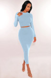 Pure Color Long Sleeve Crop Top and Bodycon Long Skirt 2PCS Set