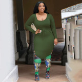 Plus Size Sexy U-Neck Solid High Waist Drawstring Irregular Hem Dress