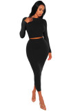 Pure Color Long Sleeve Crop Top and Bodycon Long Skirt 2PCS Set