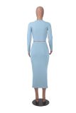 Pure Color Long Sleeve Crop Top and Bodycon Long Skirt 2PCS Set