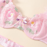 Feather Chain Flower Embroidered Garter Sexy Lingerie Set
