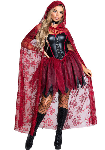 Halloween Classic Costume Vampire Little Red Riding Cosplay Hooded Mesh Cloak Witch Dress