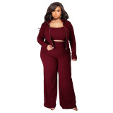 Plus Size Stretch Ribbed Three-Piece Set for Women