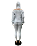 Winter Solid High Stretch Hooded Cutout Sweater Slim Pants Knitting 2PCS Set
