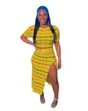 Multi-Color Striped Knitting Short Sleeve Crop Top Slit Skirt 2PCS Set
