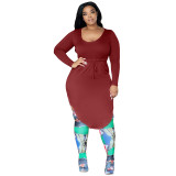Plus Size Sexy U-Neck Solid High Waist Drawstring Irregular Hem Dress