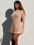 Ribbed Solid Long Sleeve Backless Sexy Dress