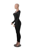 Solid Long Sleeve Ribbed Square Neck Low Back Work Out Jumpsuit
