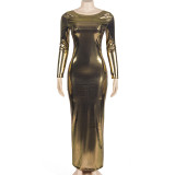Wholesale Metallic Shiny PU Leather Long Sleeve Bodycon Backless Maxi Dress