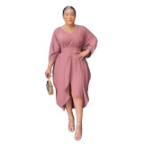 Pink Bat Sleeves Solid Loose Tie Waist V-Neck Casual Dress