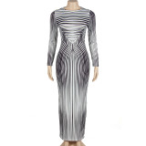 Wholesale Striped Long Sleeve Print Bodycon Maxi Dress