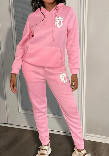 Casual Pink Print Fleece Hoodies and Pants Sport 2PCS Set